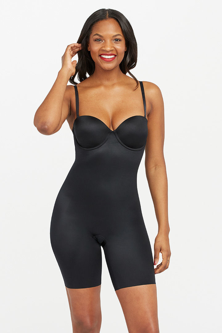 Picture of Strapless Cuped Mid Thigh Bodysuit-Black