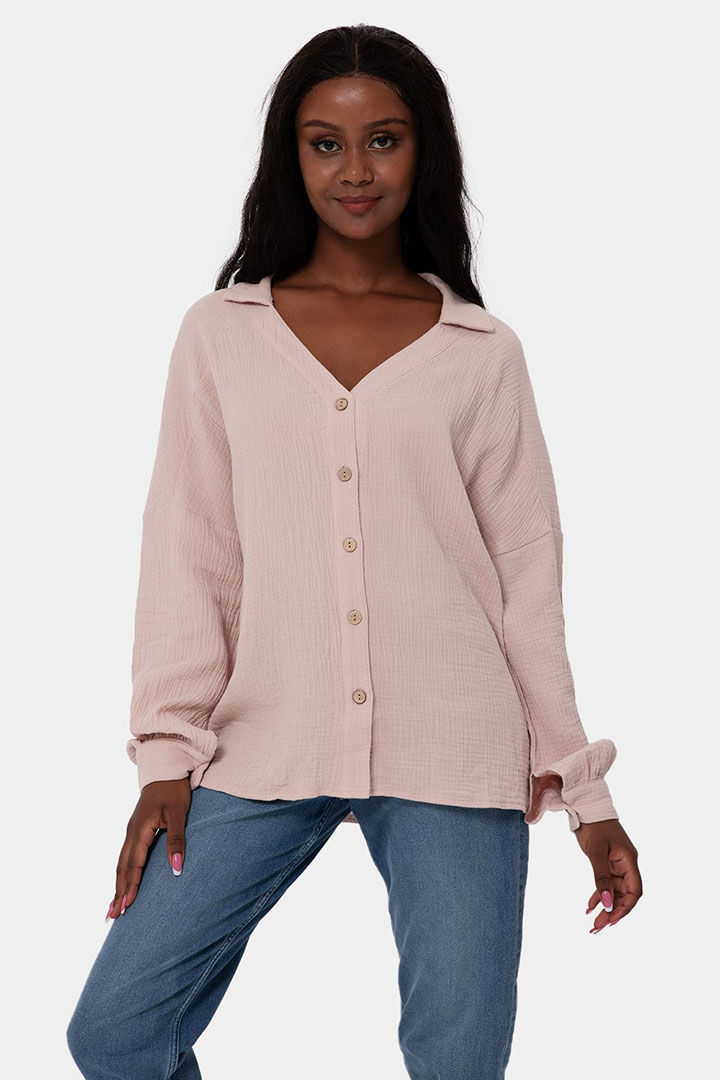 Picture of V-Neck Bishop Sleeve Front Button Shirt - Tea Pink