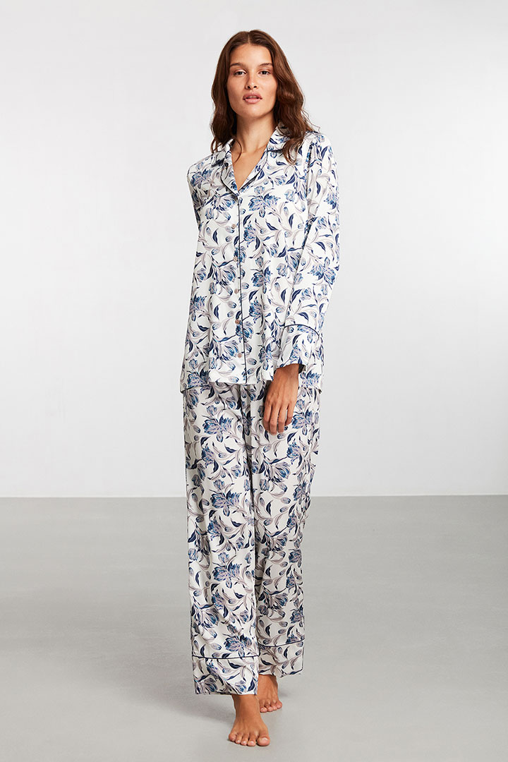 Picture of Blue Floral Patterned Pajama Set-White