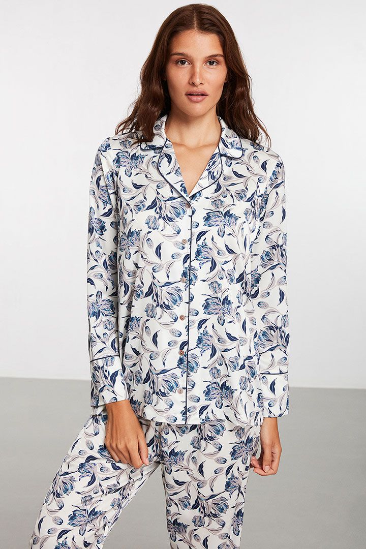 Picture of Blue Floral Patterned Pajama Set-White