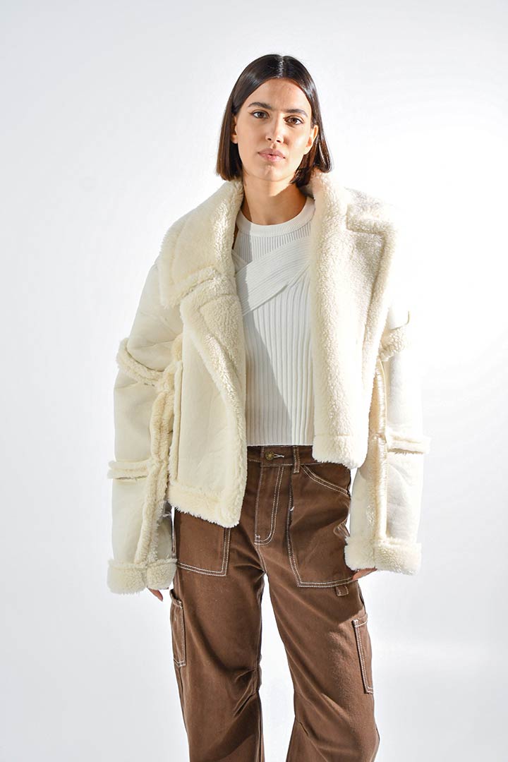 Picture of Faux Fur Collared Jacket-Creme