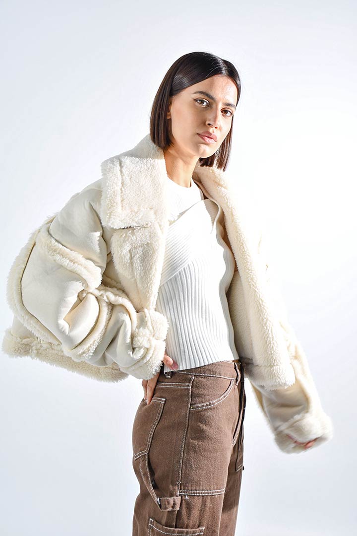 Picture of Faux Fur Collared Jacket-Creme