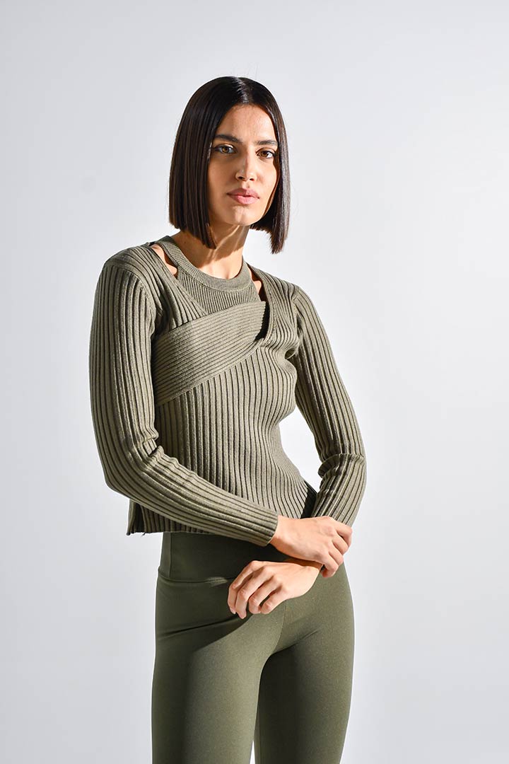 Picture of Twisted Halter Knitted Top-Green