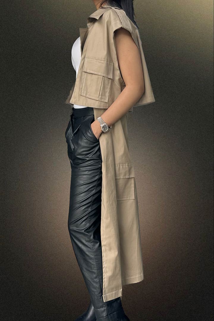 Picture of Cargo Sleeveless Trench Coat-Tanned Khaki