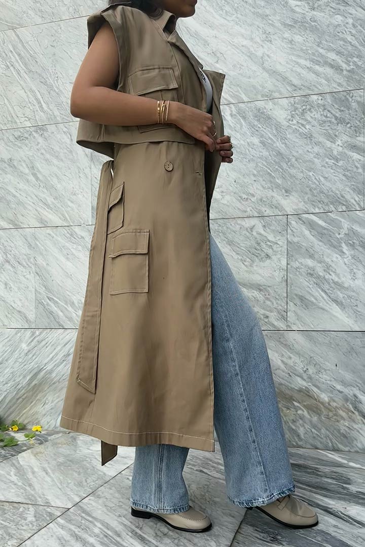 Picture of Cargo Sleeveless Trench Coat-Tanned Khaki