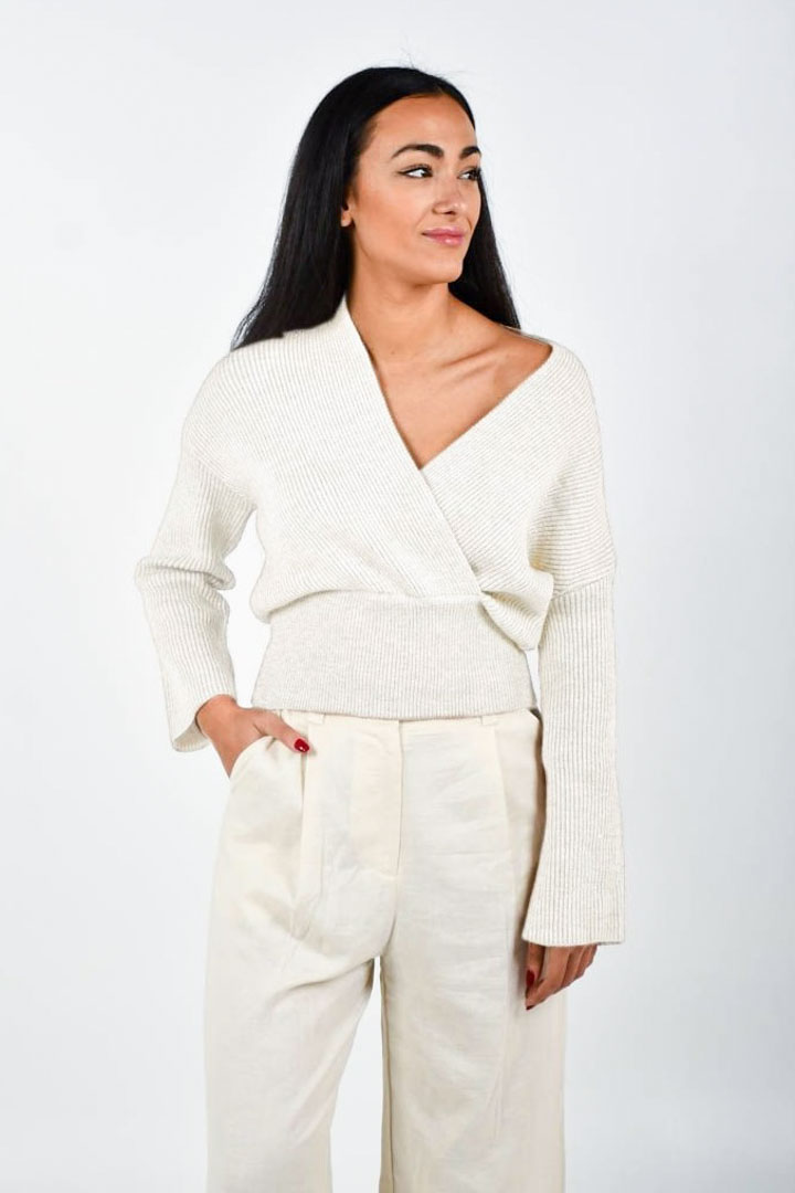 Picture of V Neck Knitted Sweater-Creme