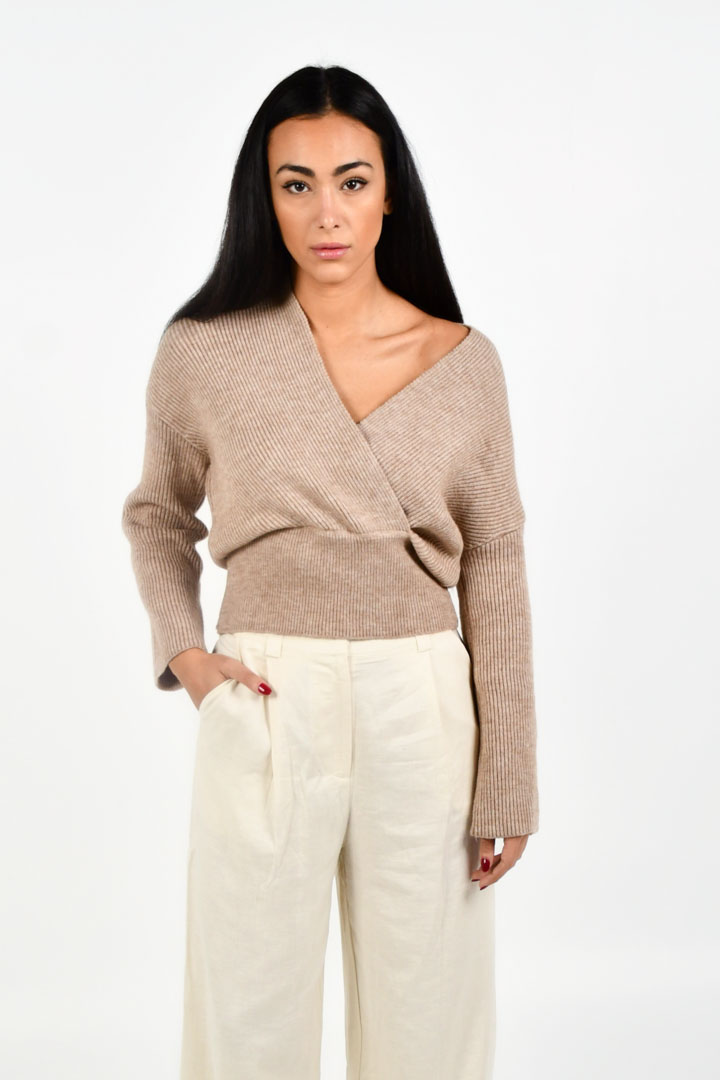 Picture of V Neck Knitted Sweater-Beige