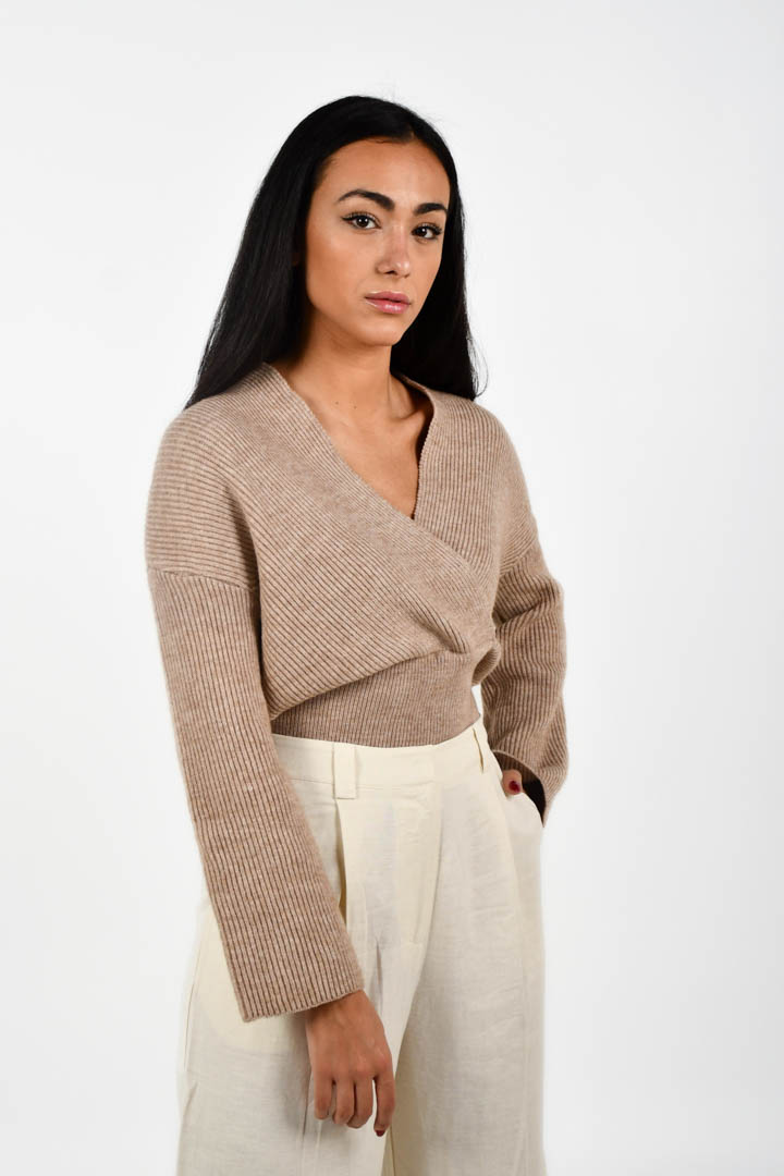 Picture of V Neck Knitted Sweater-Beige
