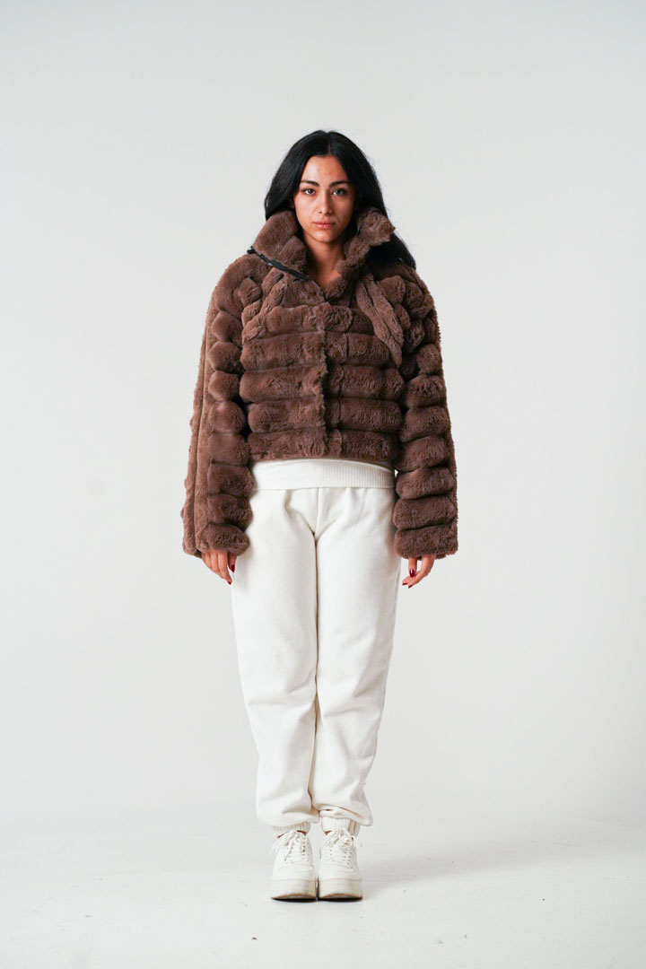 Picture of Brown Short Fur Bomber Coat-Brown