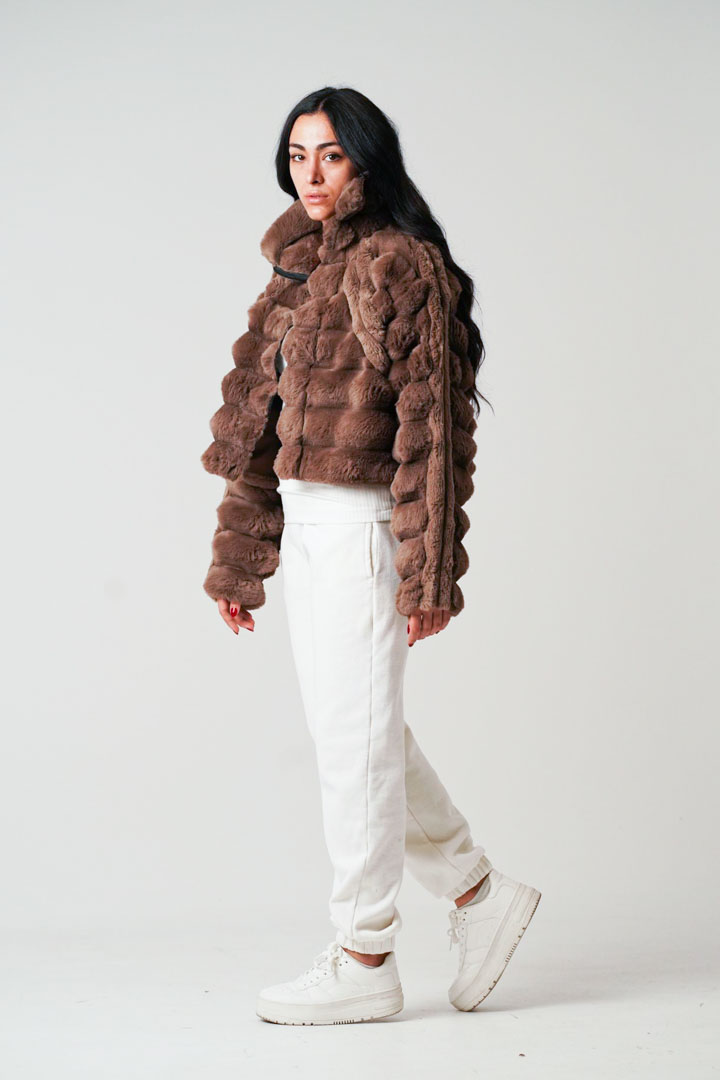 Picture of Brown Short Fur Bomber Coat-Brown