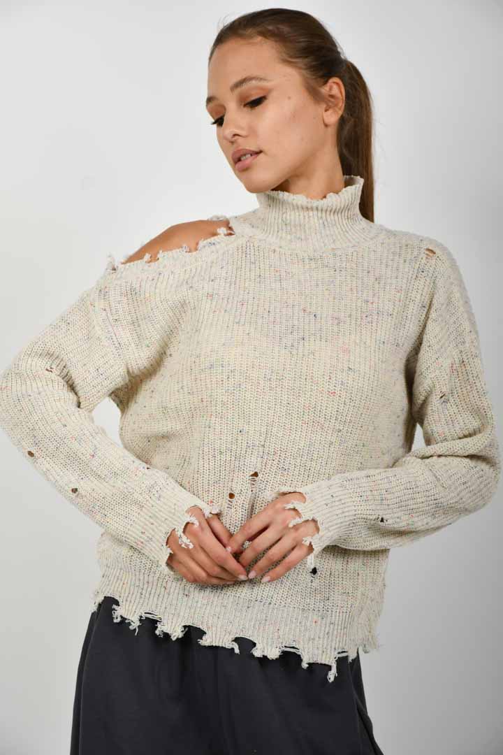 Picture of Mock Neck Cold Shoulder Sweater - Pale Birch