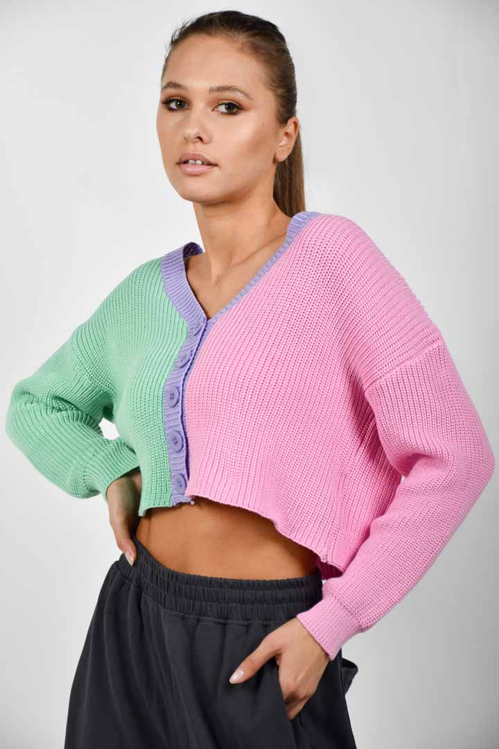 Picture of Color Block Patchwork V-Neck Knit Cardigan - Multicolor