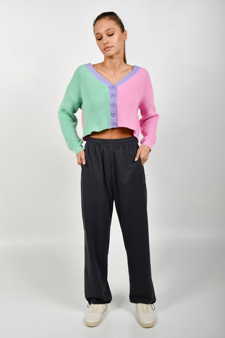 Picture of Color Block Patchwork V-Neck Knit Cardigan - Multicolor