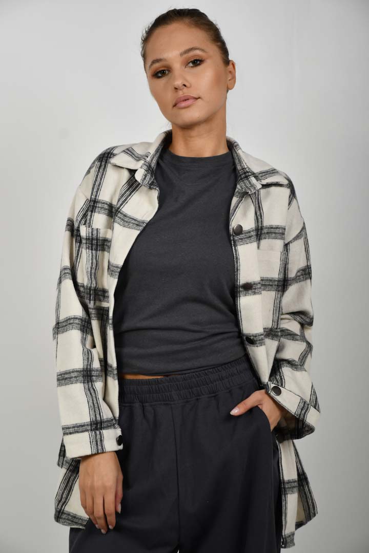 Picture of Button & Pocket Front Plaid High Low Coat - White