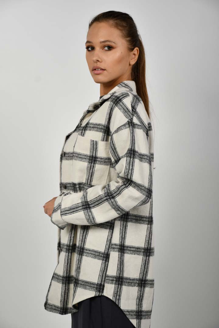 Picture of Button & Pocket Front Plaid High Low Coat - White