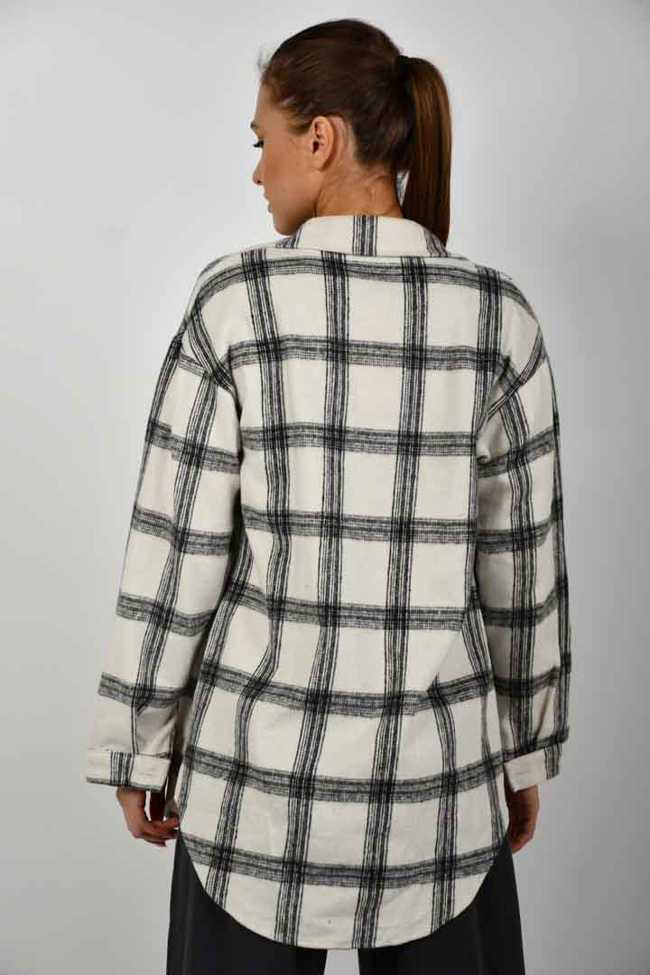 Picture of Button & Pocket Front Plaid High Low Coat - White