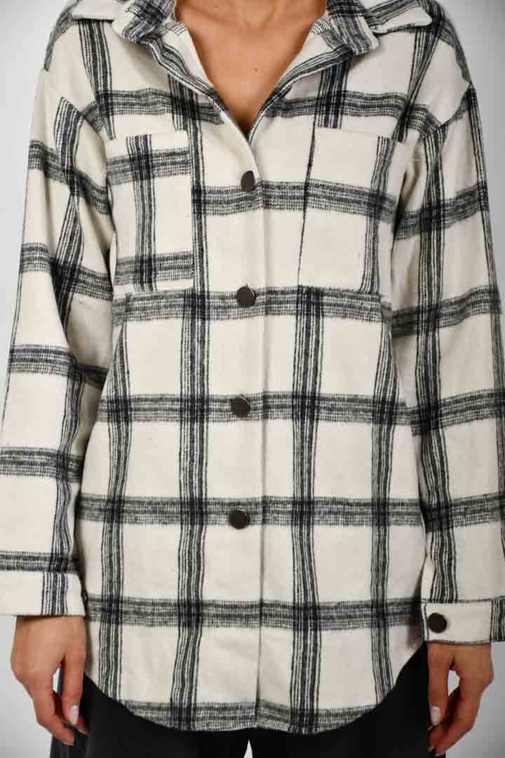 Picture of Button & Pocket Front Plaid High Low Coat - White