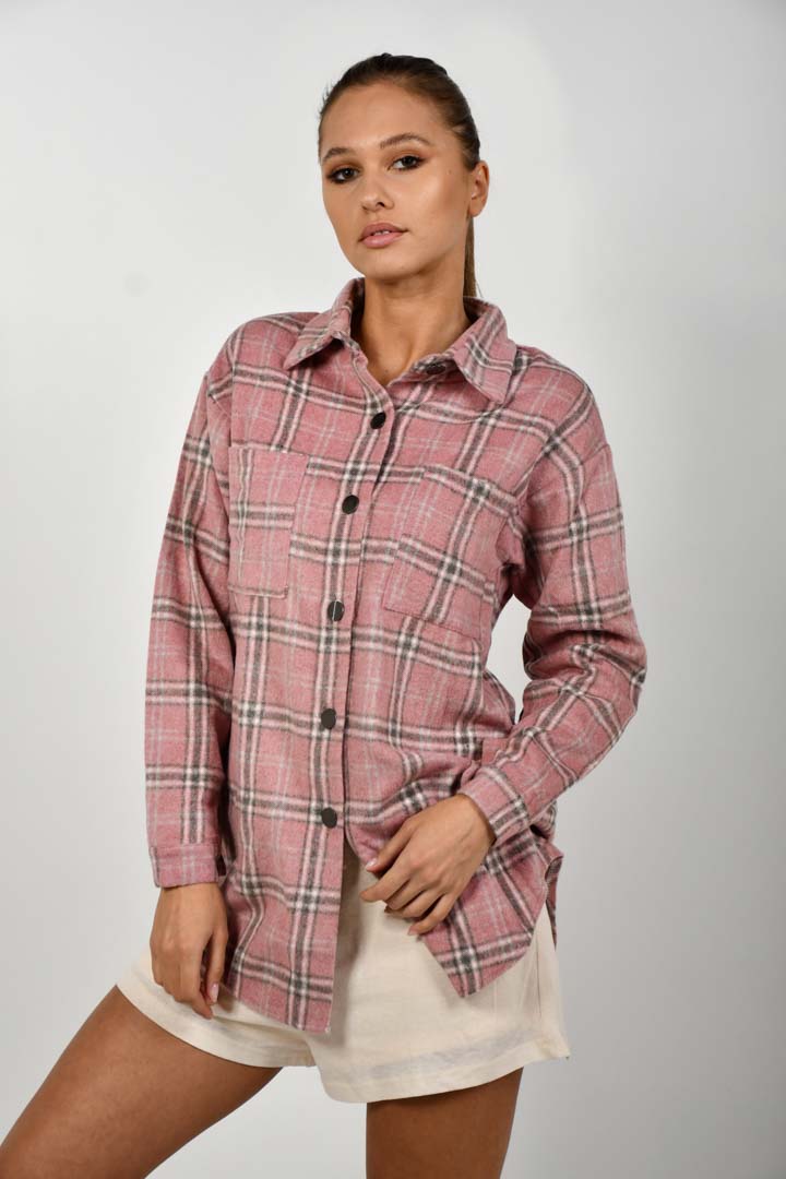 Picture of Button & Pocket Front Plaid High Low Coat - Candy Pink