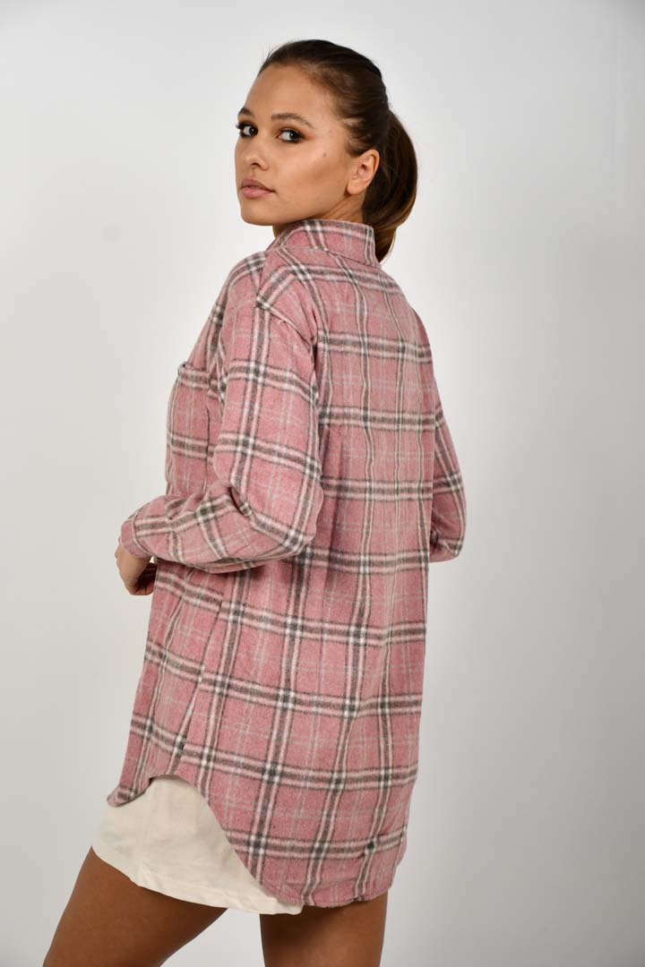 Picture of Button & Pocket Front Plaid High Low Coat - Candy Pink