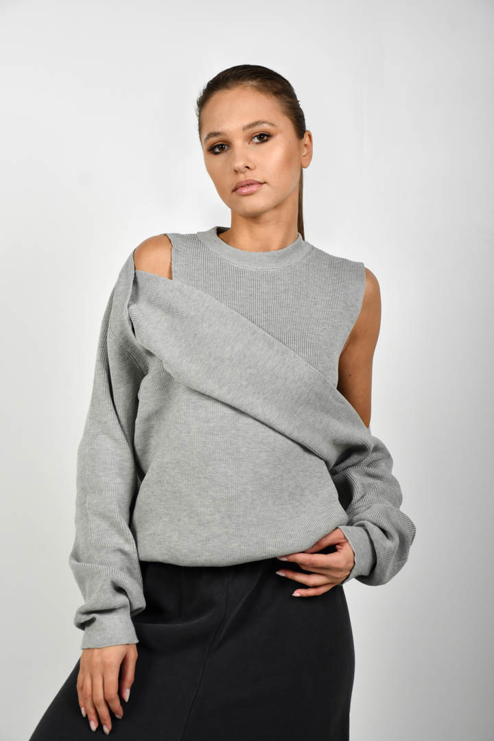 Picture of Cold Shoulder Knitted Sweater-Grey