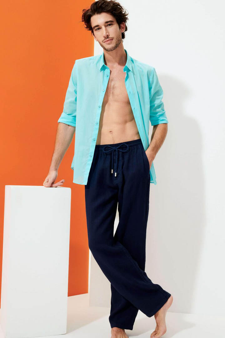 Picture of Men Linen Pants Solid-Navy
