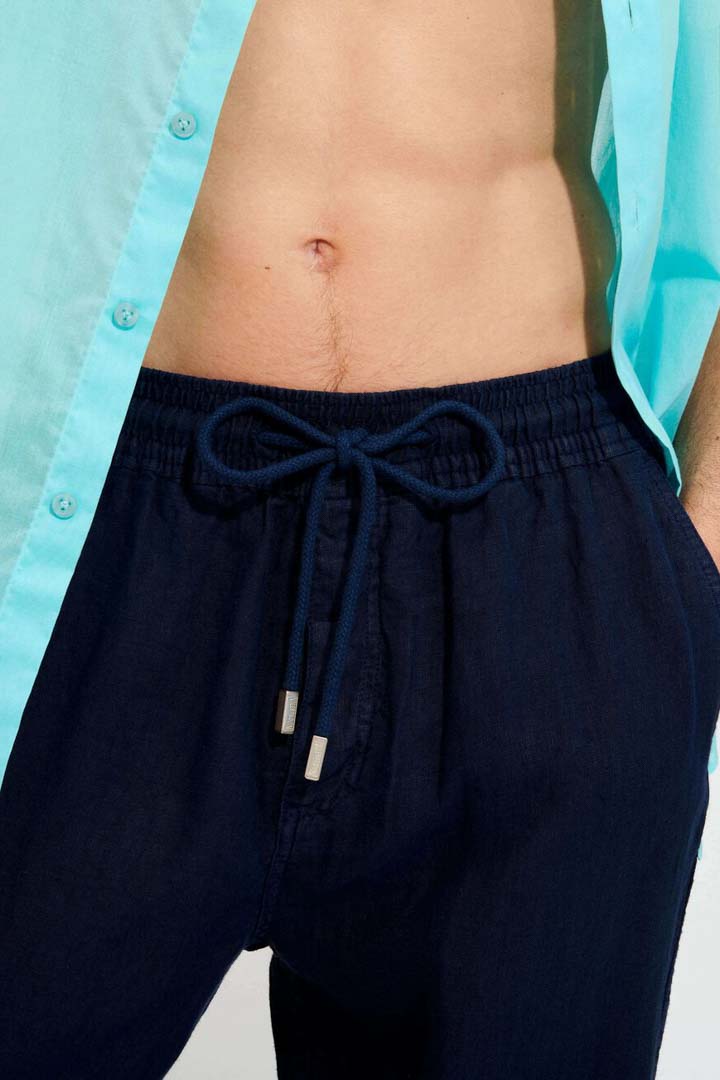 Picture of Men Linen Pants Solid-Navy