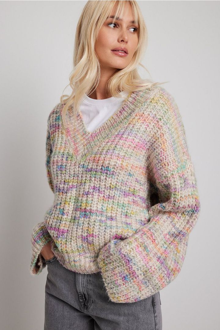 Picture of Chunky Knitted V-Neck Sweater-Multi