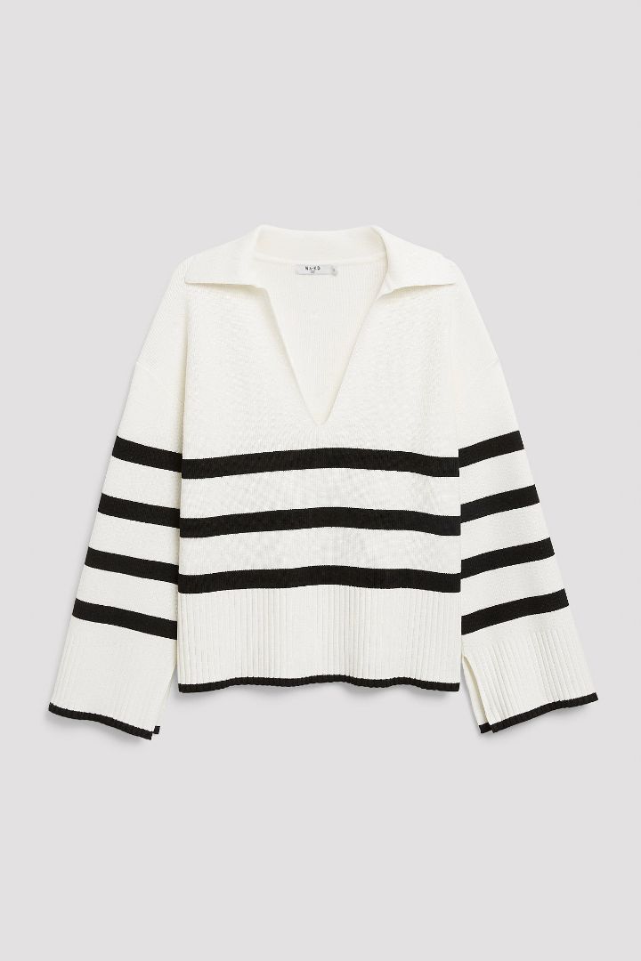 Picture of Collar Detail Striped Sweater-Creme