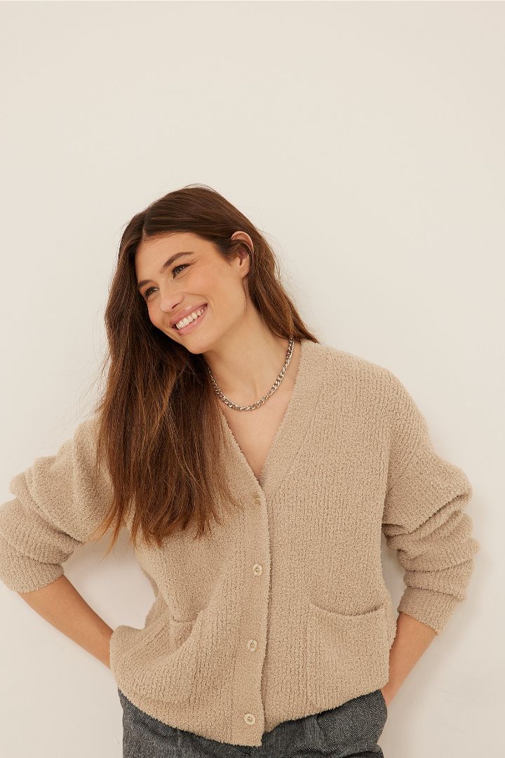 Picture of Fluffy Knitted Pocket Cardigan-Beige