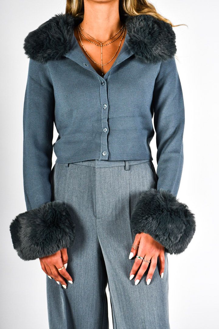 Picture of Faux Fur Details Cardigan-Blue