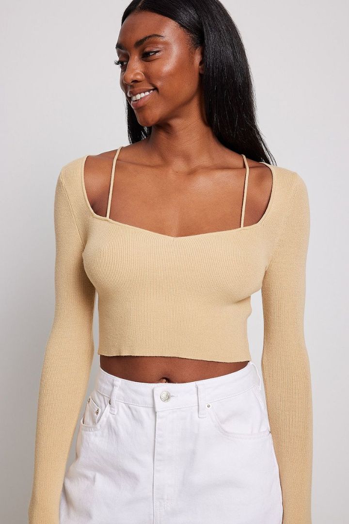 Picture of Fine Knitted Strap Detail Top-Beige