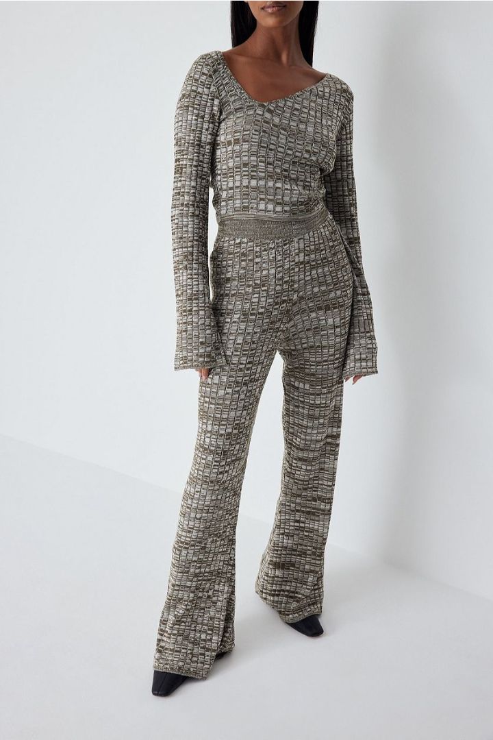 Picture of High Waist Melange Knitted Trousers-Green