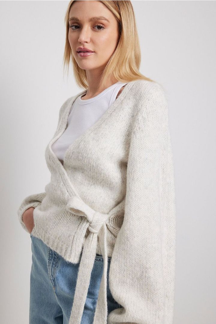 Picture of Knitted Overlap Balloon Sleeve Sweater-Offwhite 