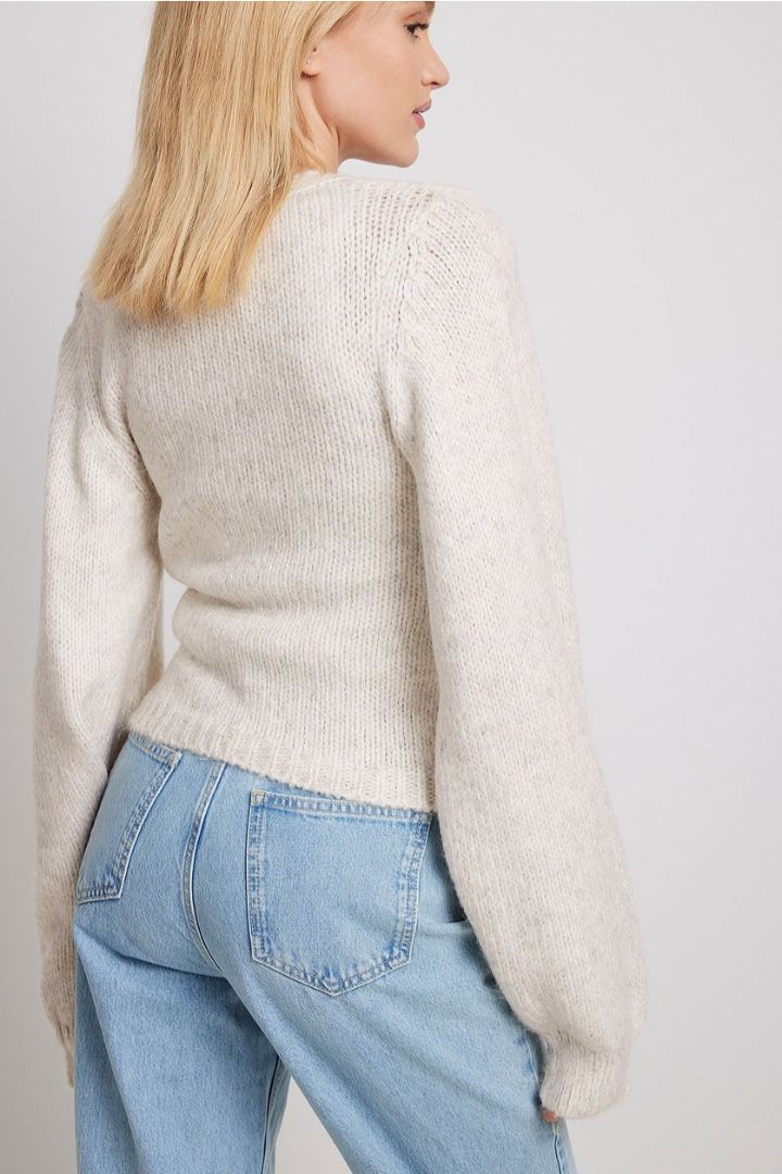 Picture of Knitted Overlap Balloon Sleeve Sweater-Offwhite 