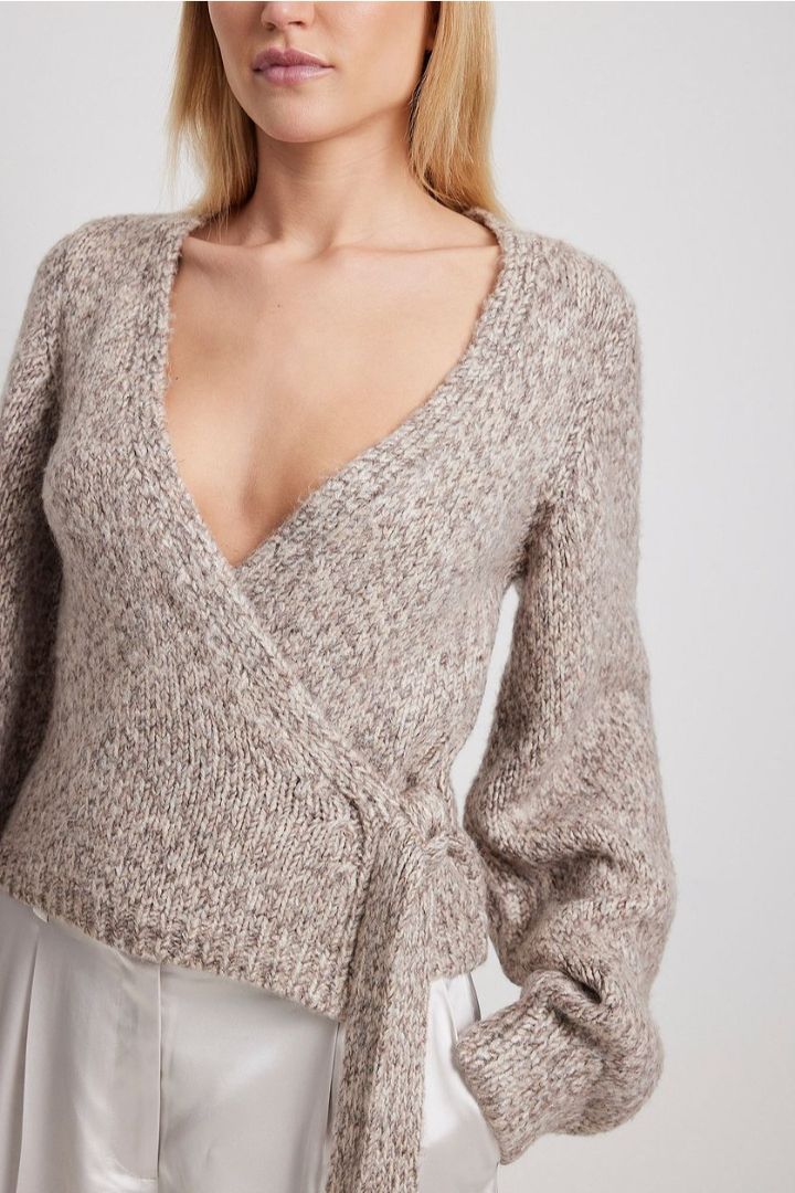 Picture of Knitted Overlap Balloon Sleeve Sweater-Taupe 