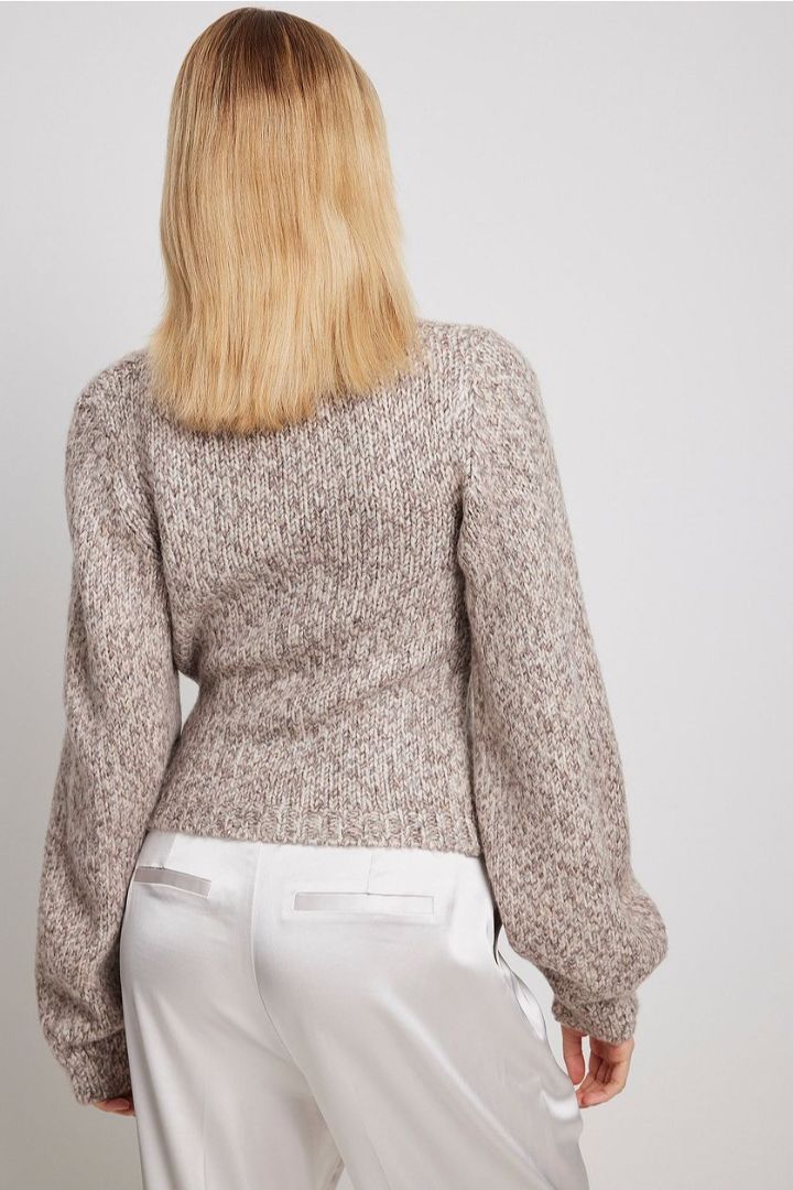 Picture of Knitted Overlap Balloon Sleeve Sweater-Taupe 