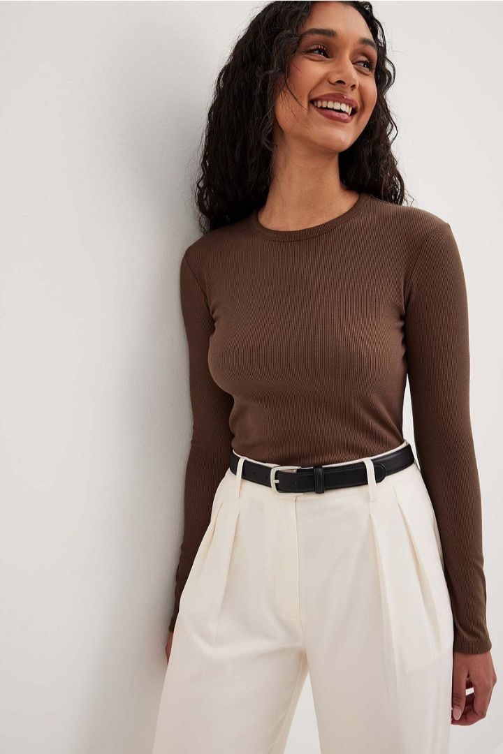 Picture of Ribbed Long Sleeved Round Neck Top-Brown