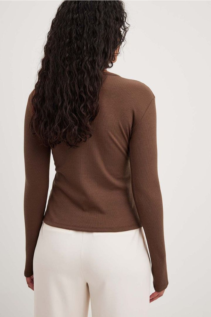 Picture of Ribbed Long Sleeved Round Neck Top-Brown