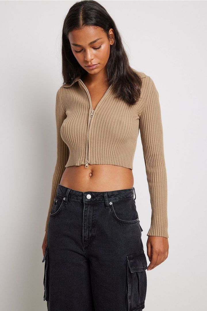 Picture of Two Way Zipper Knitted Sweater-Beige