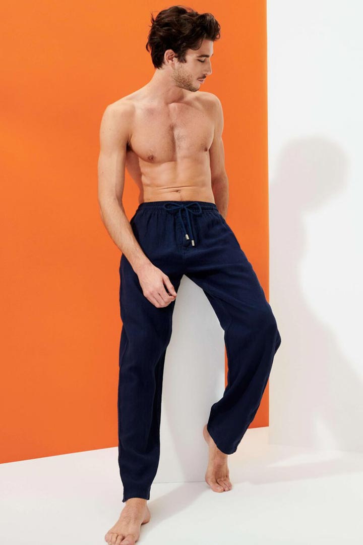 Picture of Men Linen Pants Solid-Navy