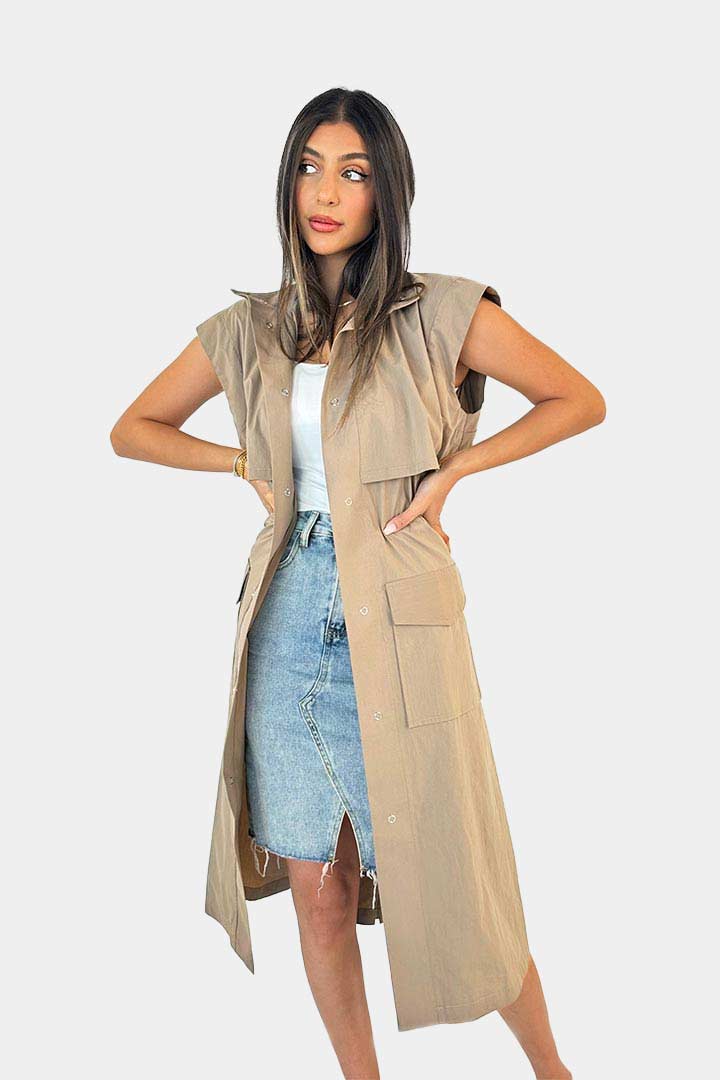 Picture of Sleeveless Double Breasted Trench Coat-Beige