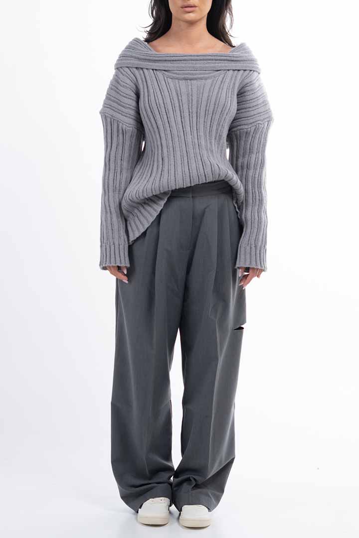 Picture of Knitted Off Shoulder Sweater-Grey