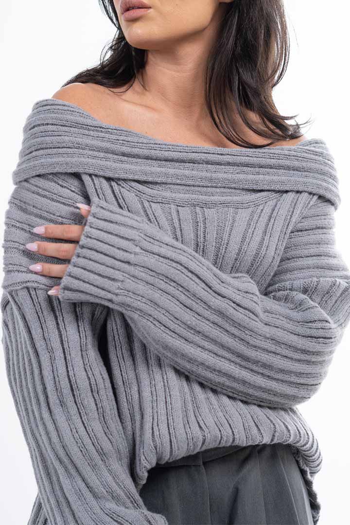 Picture of Knitted Off Shoulder Sweater-Grey