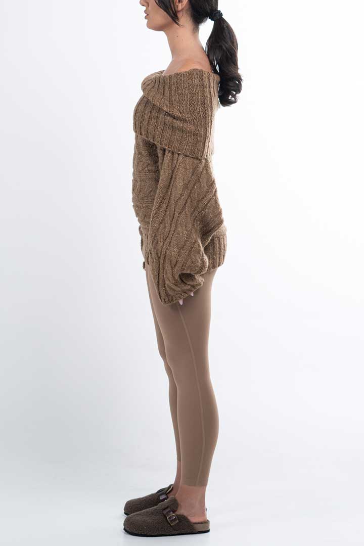 Picture of Off Shoulder Knitted Pullover-Brown