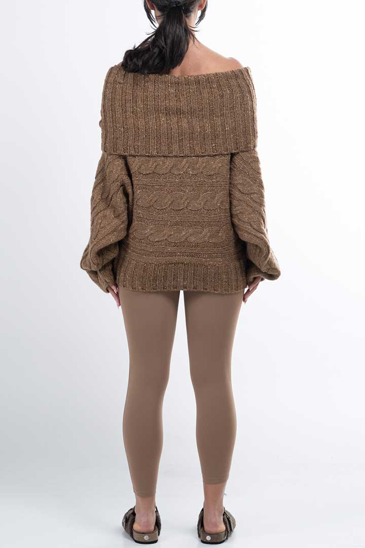 Picture of Off Shoulder Knitted Pullover-Brown