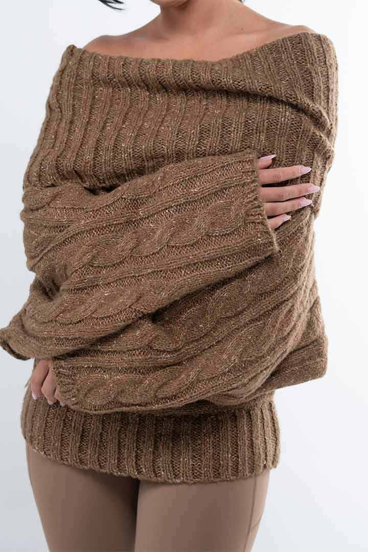 Picture of Off Shoulder Knitted Pullover-Brown