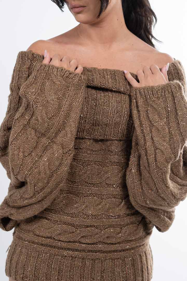 Picture of Off Shoulder Knitted Pullover-Brown