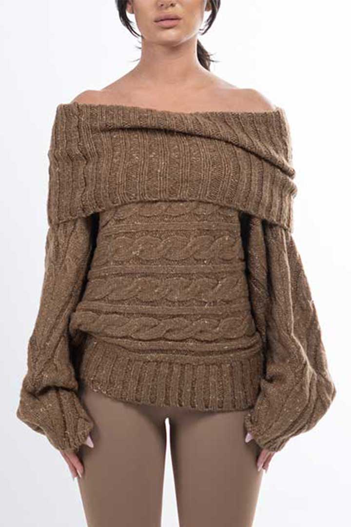 Picture of Off Shoulder Knitted Pullover-Brown