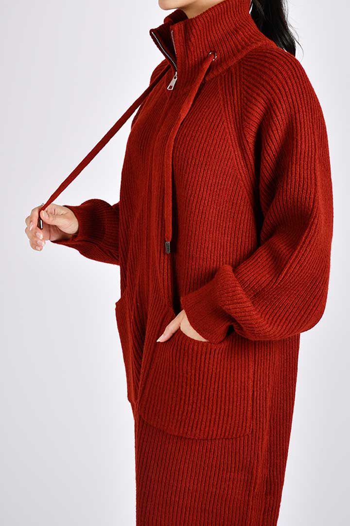 Picture of Long zip up Cardigan - Cherry Red