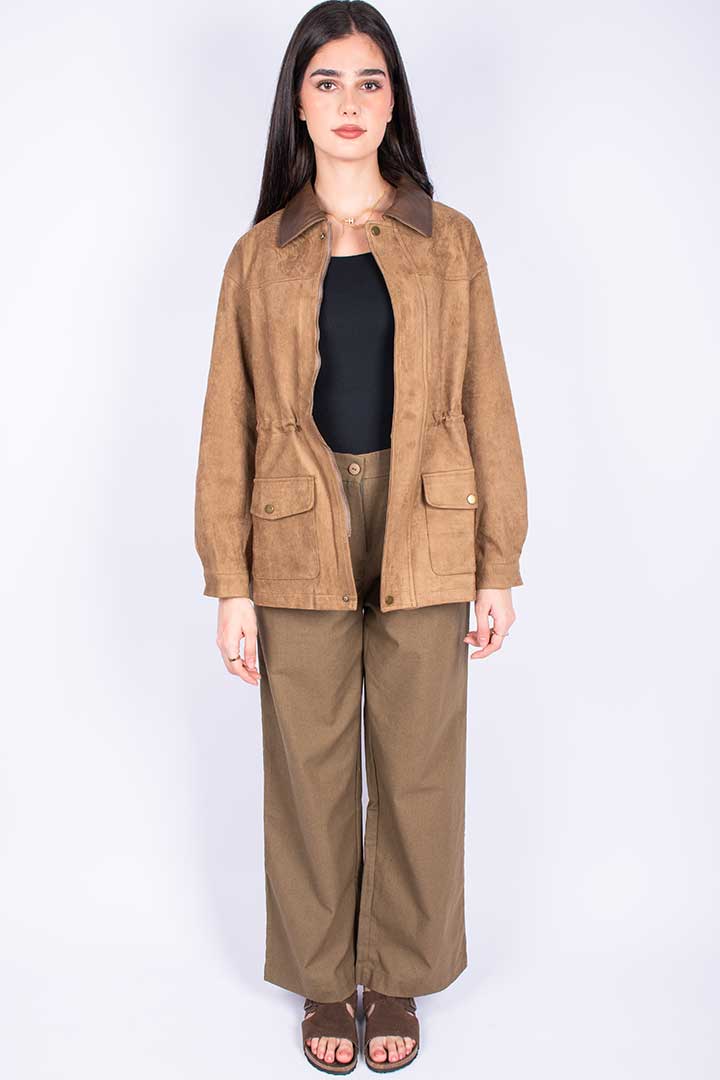 Picture of Leather Collared Suede Jacket - Suede Camel